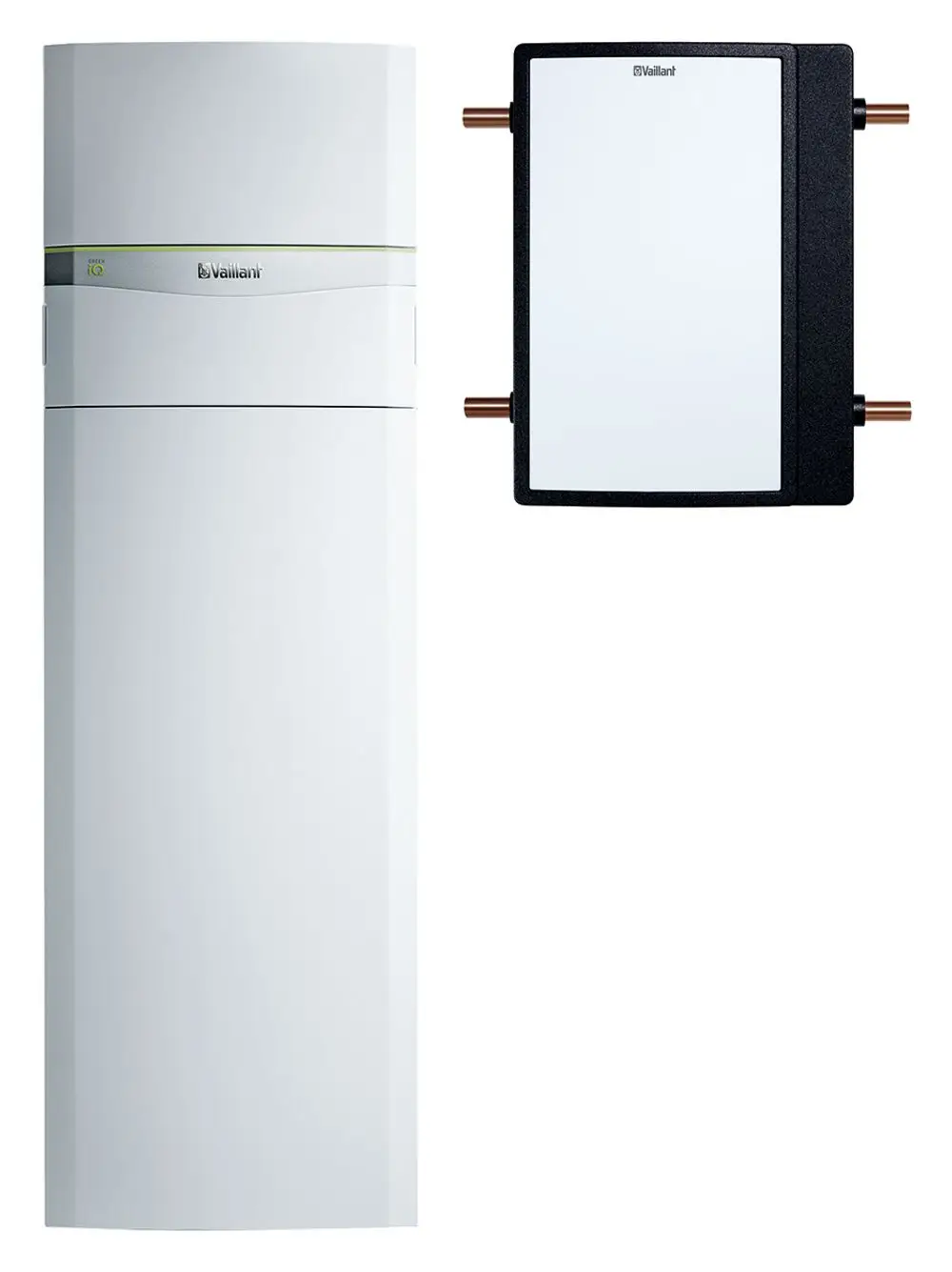 Vaillant Heizungswärmepumpe in vertikaler, weißer Bauform mit angeschlossenem Wärmetauscher in kompaktem Design.